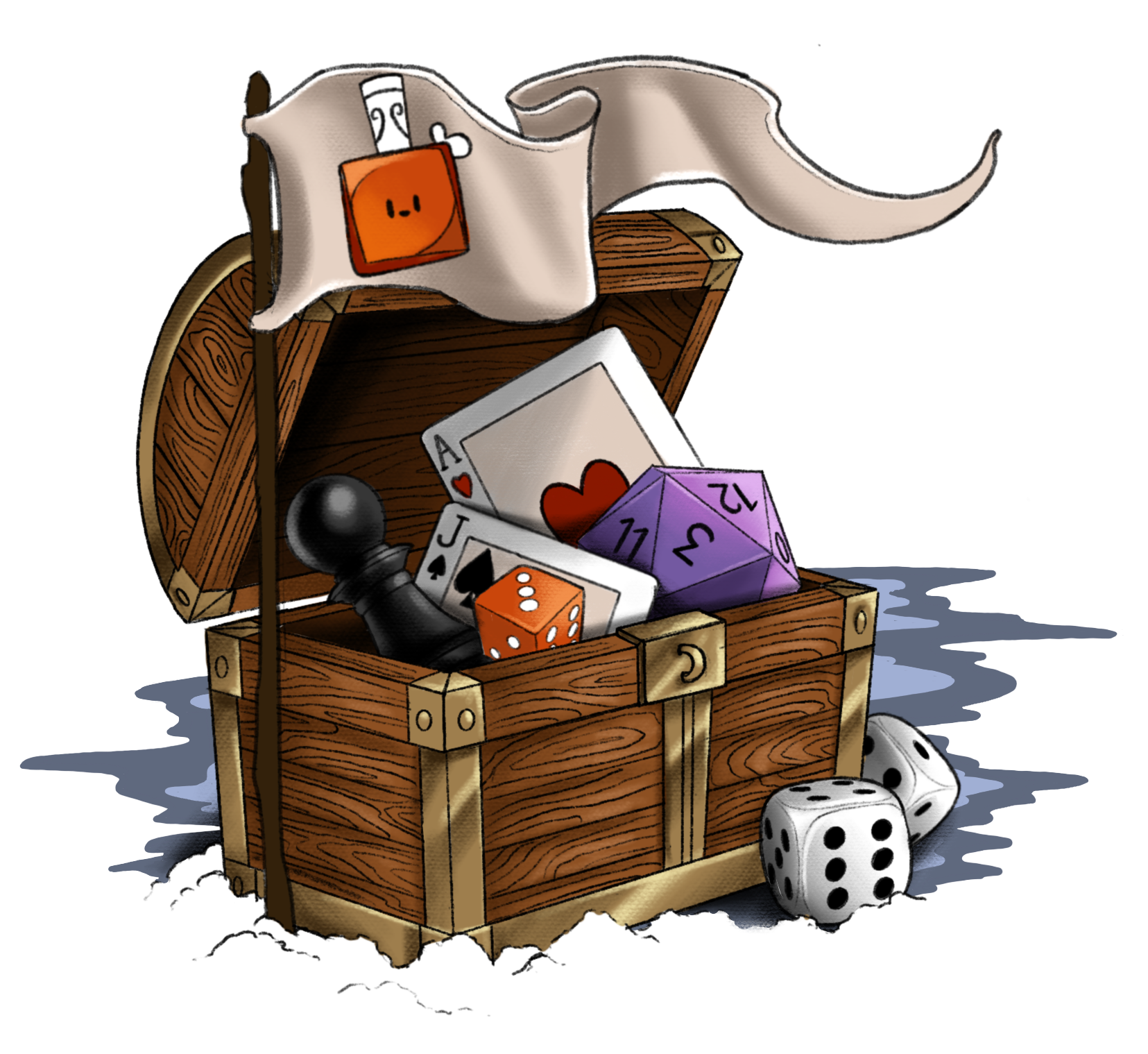 Illustration représentant un coffre au trésor en boir avec dedans des dés cartes pions etc... Et dvant un drapeau long et triangle avec le logo bigoudice dessus (un dé rouge avec un visage et une coiffe bigoudenne)