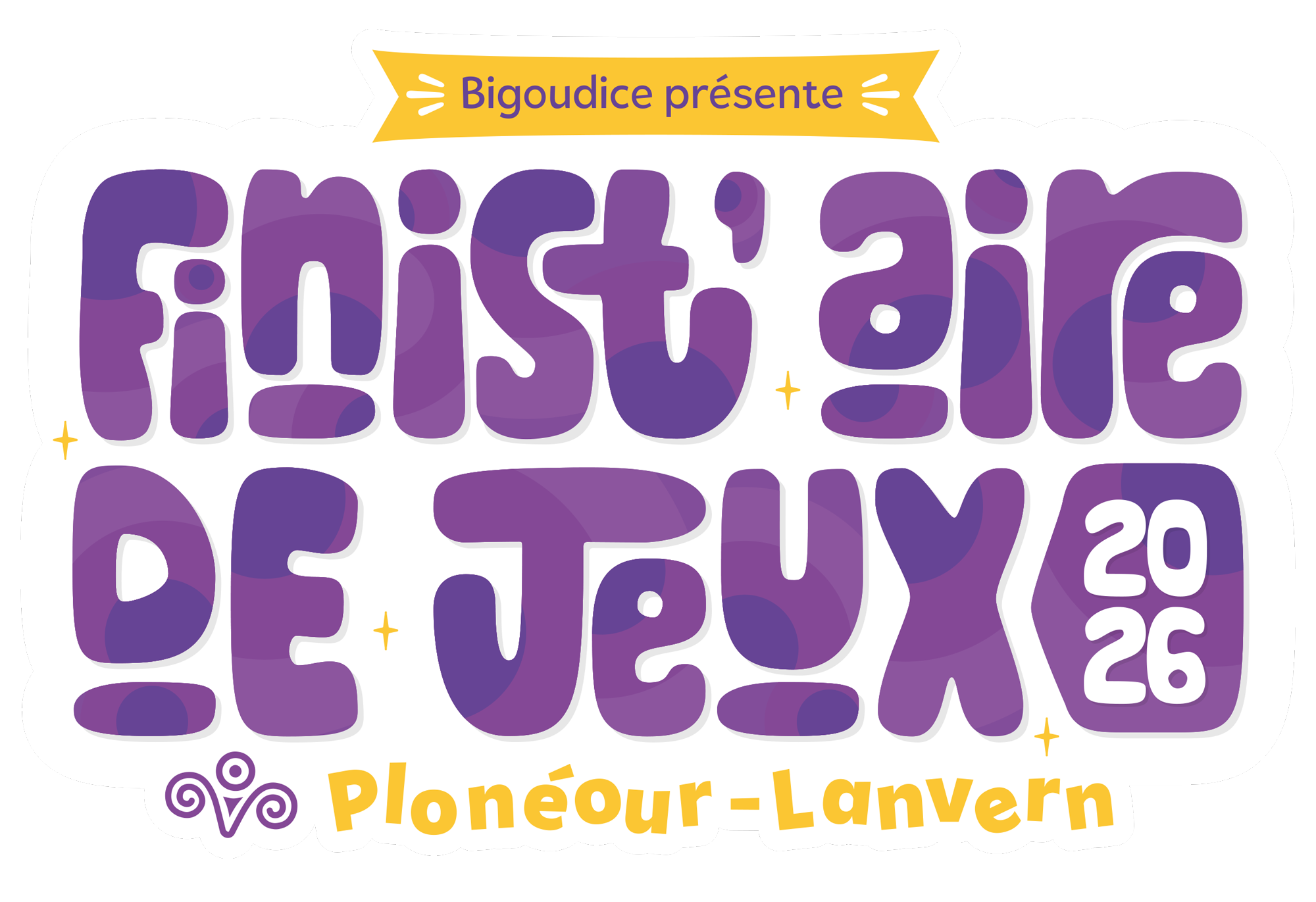 Logo du festival. En haut sur fond jaune "bigoudice présente" puis en dessous "finist'aire de jeux 2026" en lettres rondes violette. En bas "plonéour lanvern" écrit en jaune
